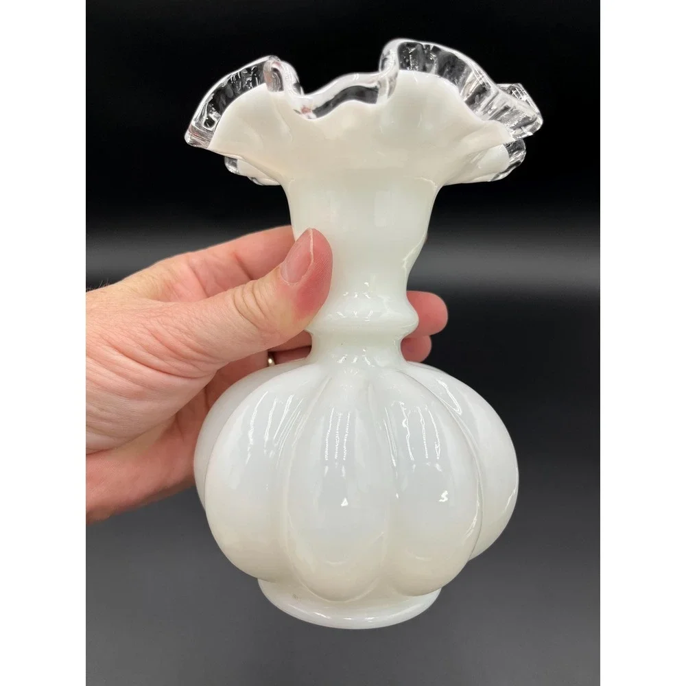 Fenton Silver Crest Milk Glass Melon Vase: Crimped Edge Flower Vase